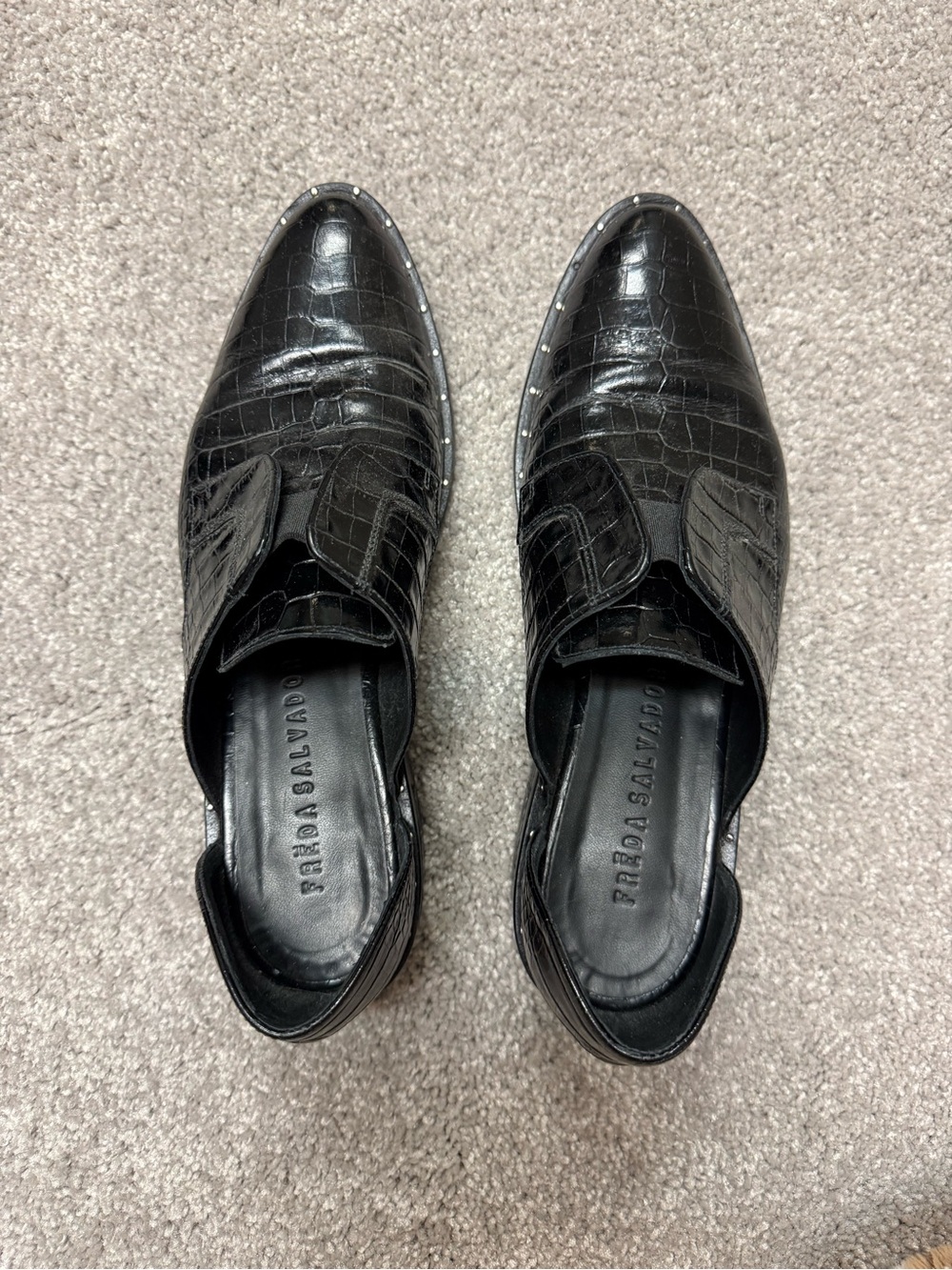 Freda Salvador Black Croc-Embossed Slip-On Loafers with Stud Detail